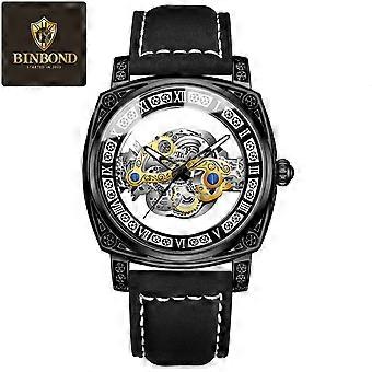 Luxuriöse Herren-Skelettuhr im Retro-Stil mit aufwendigem Zahnrad-Design, Lederarmband und Edelstahlarmband, Quarzwerk (keine mechanische Uhr).