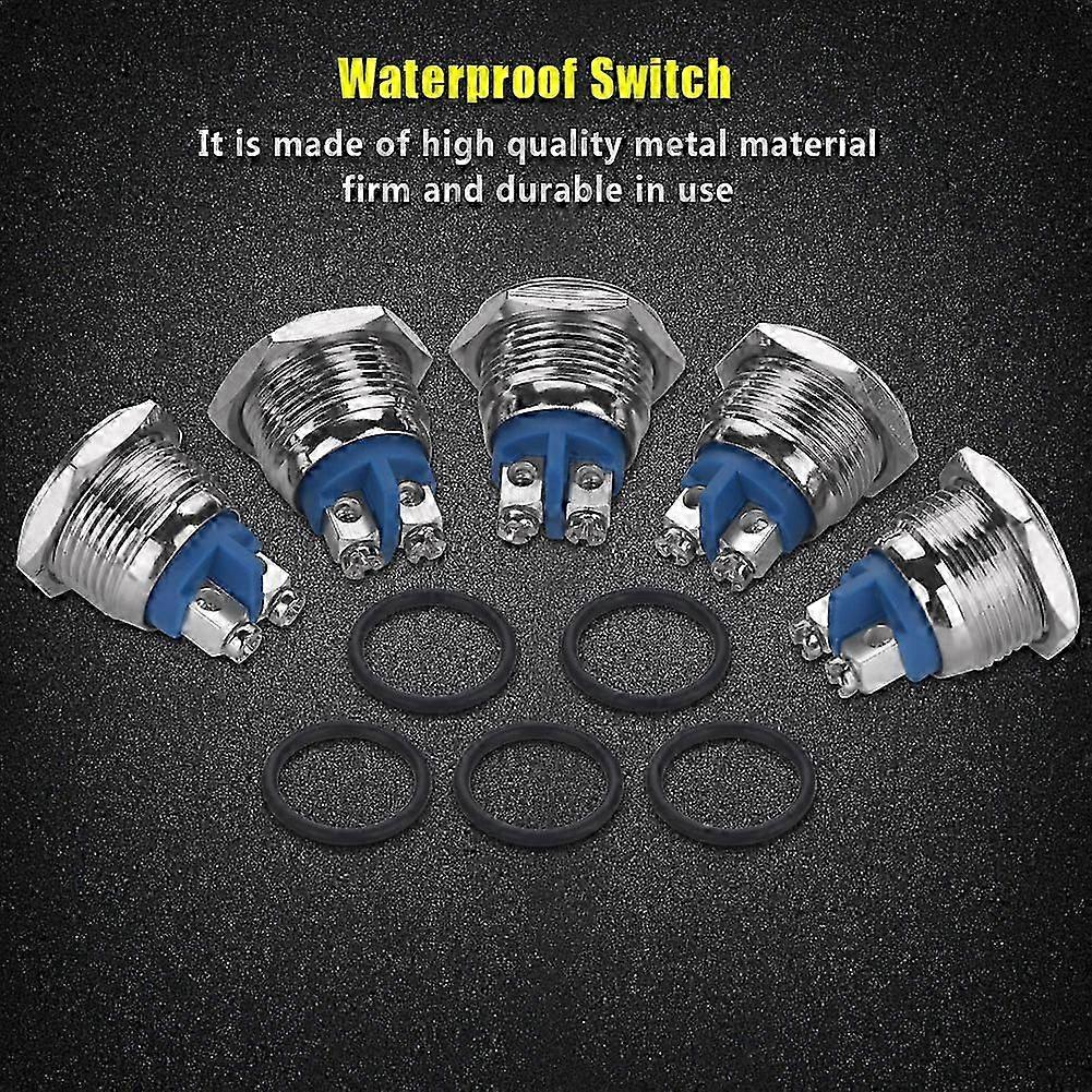 5 Pcs/set 16mm 250V Metal Waterproof 2Pin Mini Push Button Switch(flat head)