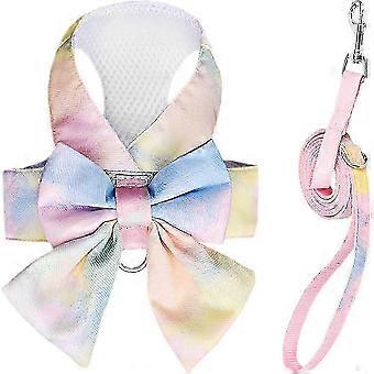 Cute Bow Tie Dog Harness and Leash Set Elegant Rainbow Gradient Puppy Harness No Pull Soft Mesh Pet Cat Dog Vest Harnesses for Small Dogs Cats, 26-27