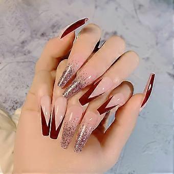 KATEA 24PCS French Press on Nails Lange Doodskist Nep Nagels met Ontwerpen V Nageltips Glanzende Kunstnagels voor Vrouwen Meisjes Full Cover Stick on Nails met Gl