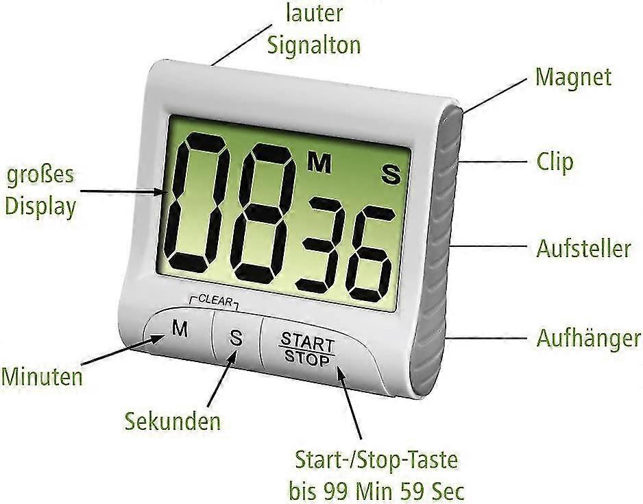 Countdown Kitchen Timer (with Timer And Stopwatch Function,attachment Via Magnet,clamp,holder Or Stand,battery,operated,digital) White