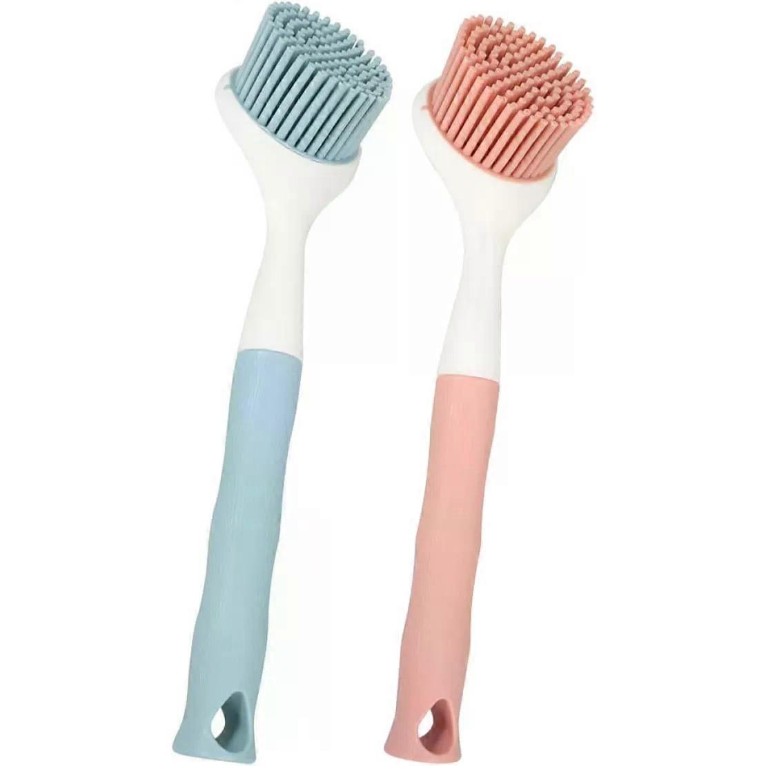 2 Pack Silicone Dish Brush Set with Long Handle Scraper Edge