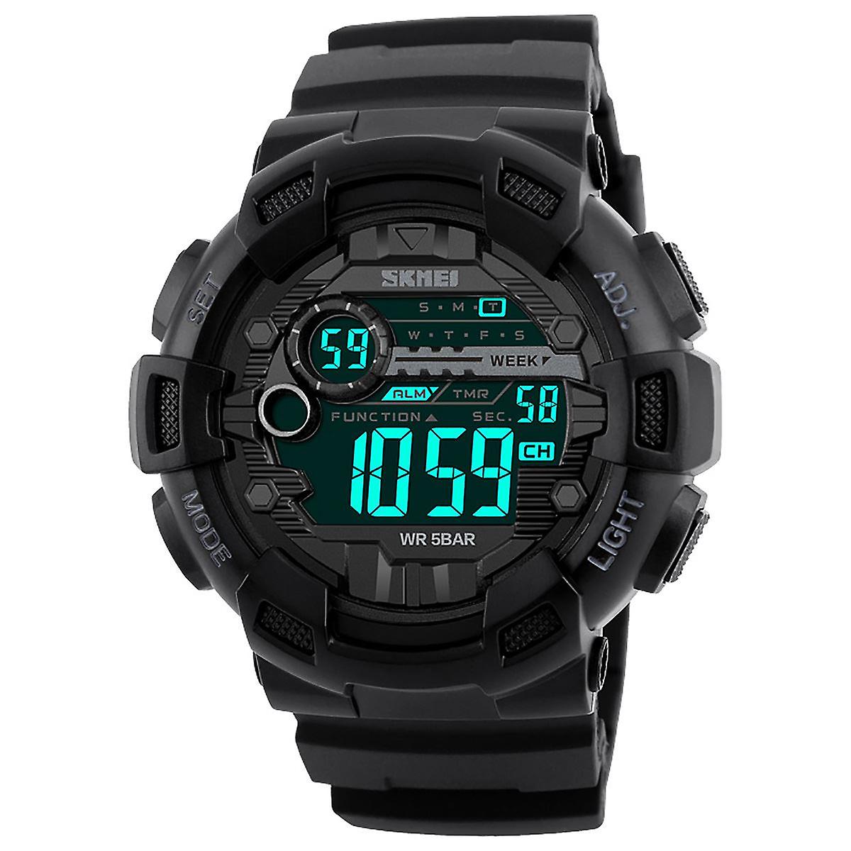 SKMEI Mens Large Display Digital Watch Resin Strap Black And Red Stopwatch Alarm DG1243