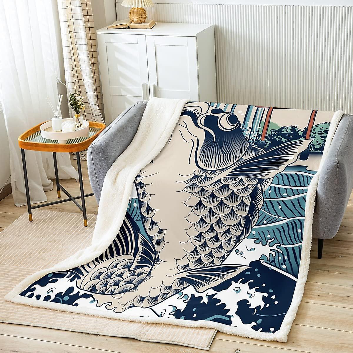 Kerota Japanese Fish Sherpa Blanket Boys Girls Blue Hokusai Wave Fleece Throw Blanket for Bed Sofa K