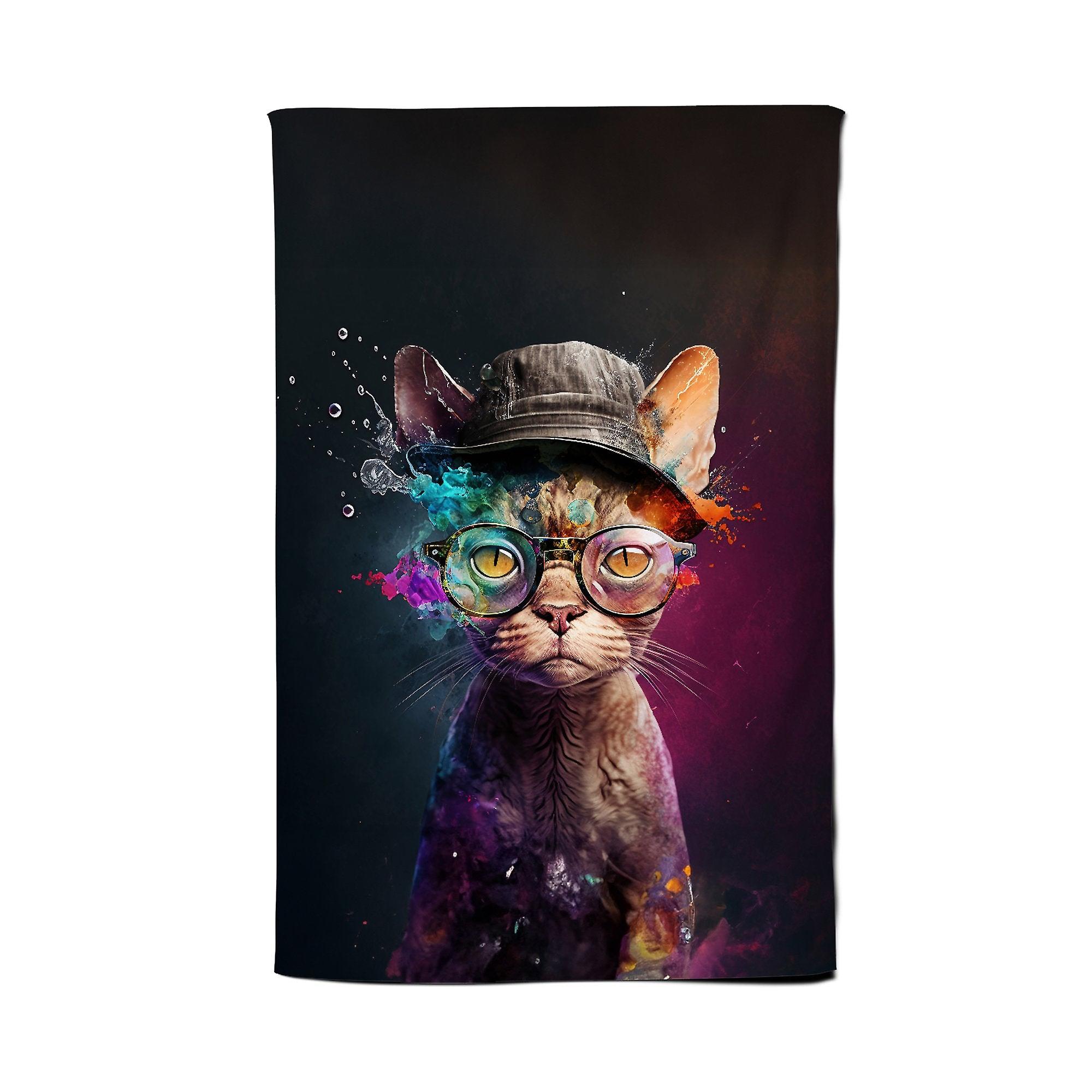 Devon Rex Cat With Hat Splashart Tea Towel