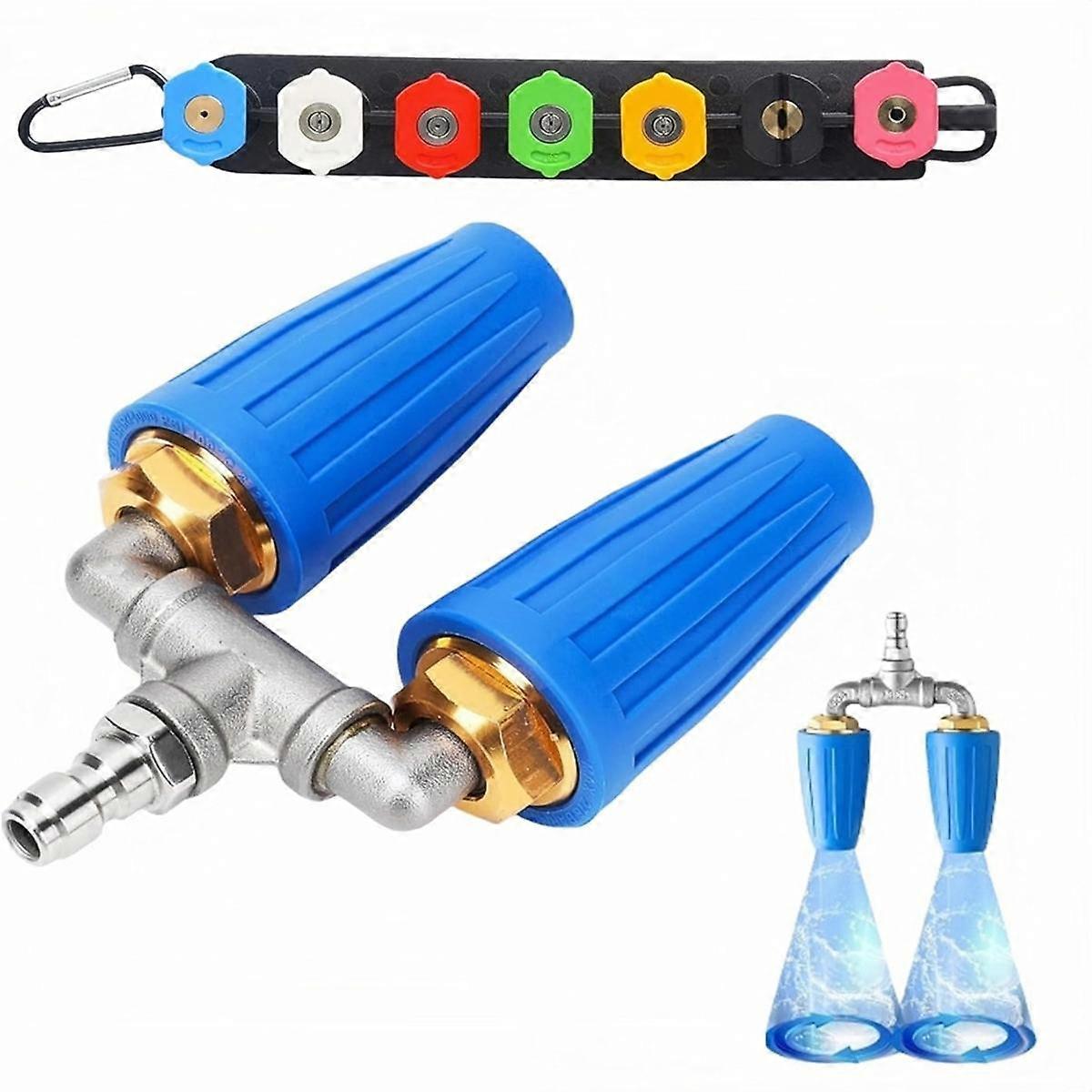 Dual Turbo Nozzle Pressure Washer, 360Rotating Turbo Nozzle with 1/4inch Quick Connector and 7pcs Pressure Washer Tips