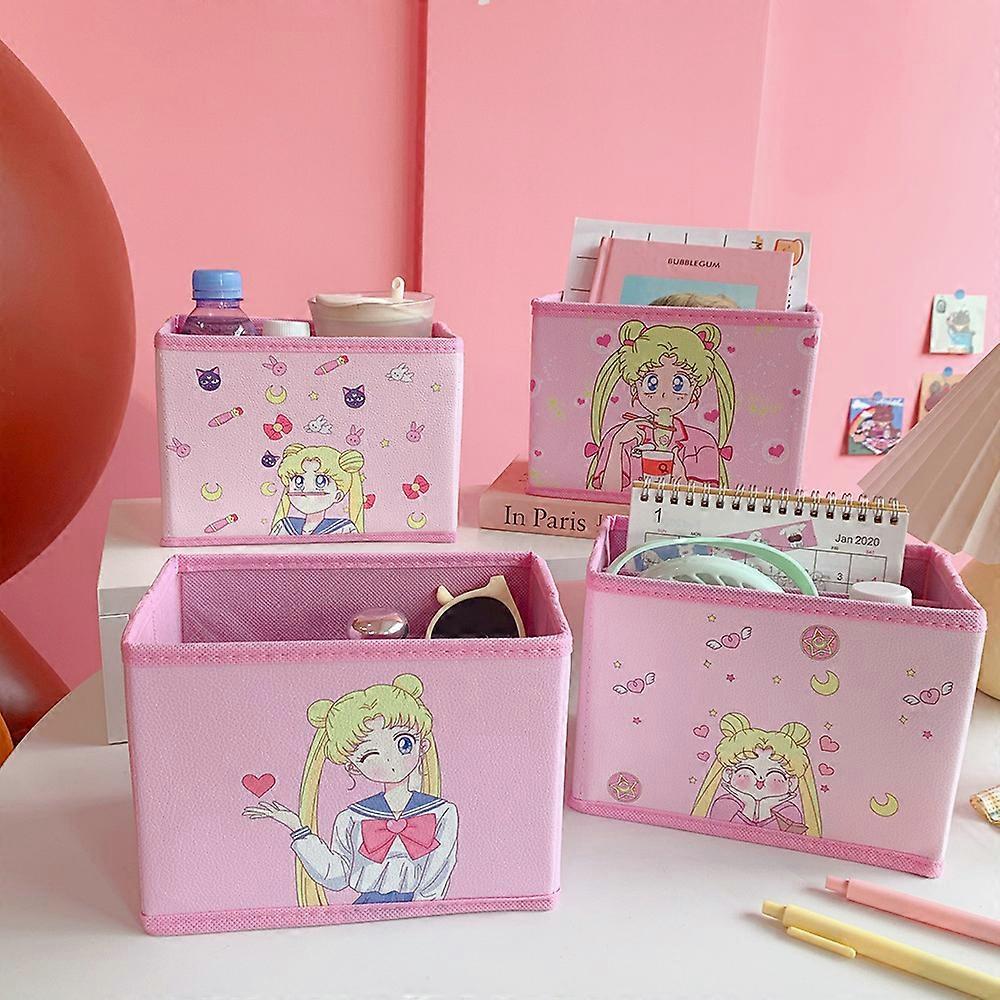 Folding Desktop Organizer Storage Box Cartoon Printed Pink Non-Woven Fabric Makeup Stationery Holder