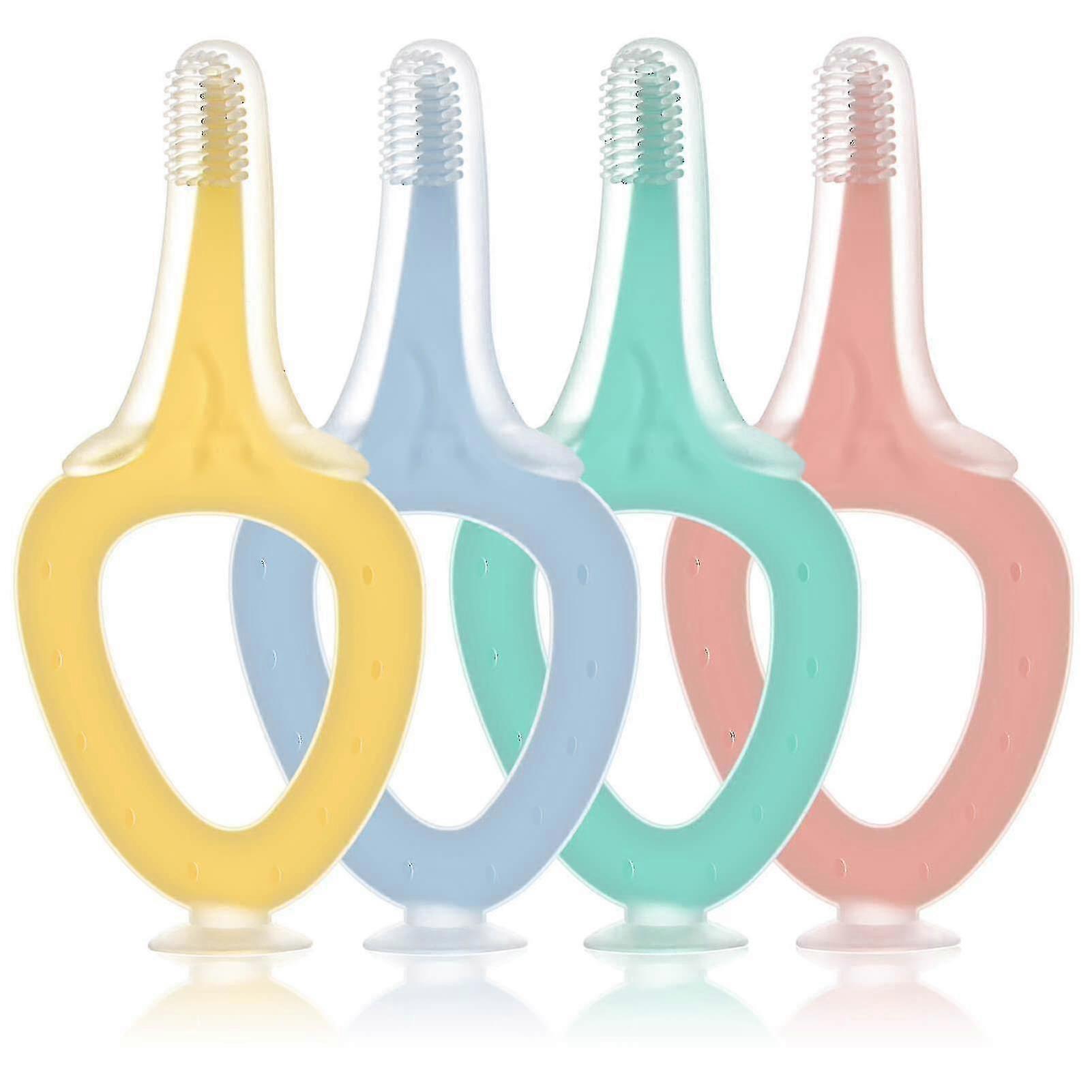 4 Pcs Infant Training Toothbrush With Suction Base, Soft Silicone Baby Toothbrush For Age 0-2 Years