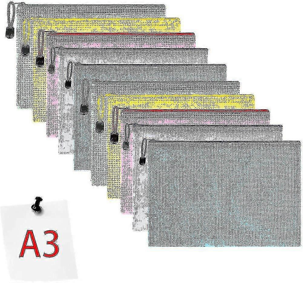 Document Pocket A3, 10 Pieces A3 File Zippered Pockets, Mesh Plastic Zippered