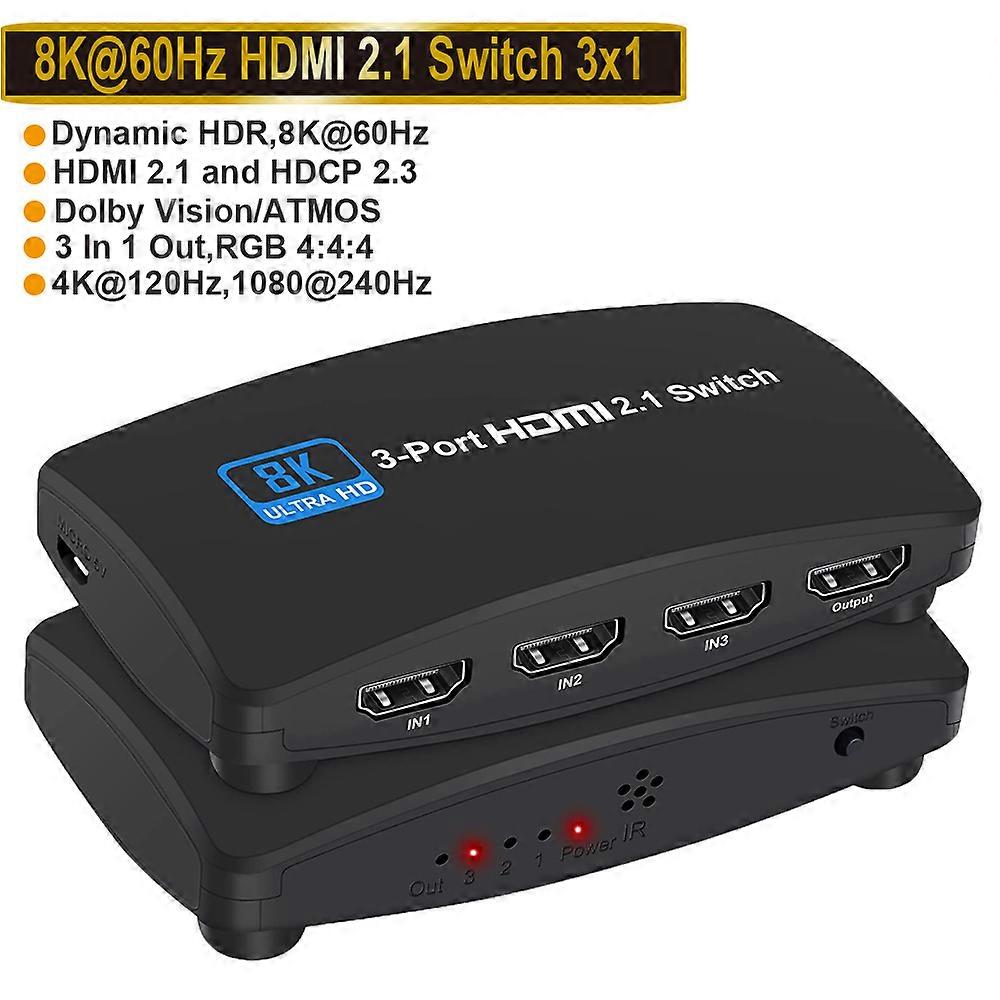 2023 Switcher HDMI 2.1-compatible 3 in 1 out Ultra 48Gbps 8K 60Hz 4K 120Hz Switch adapter With IR Remote For HDTV Projector