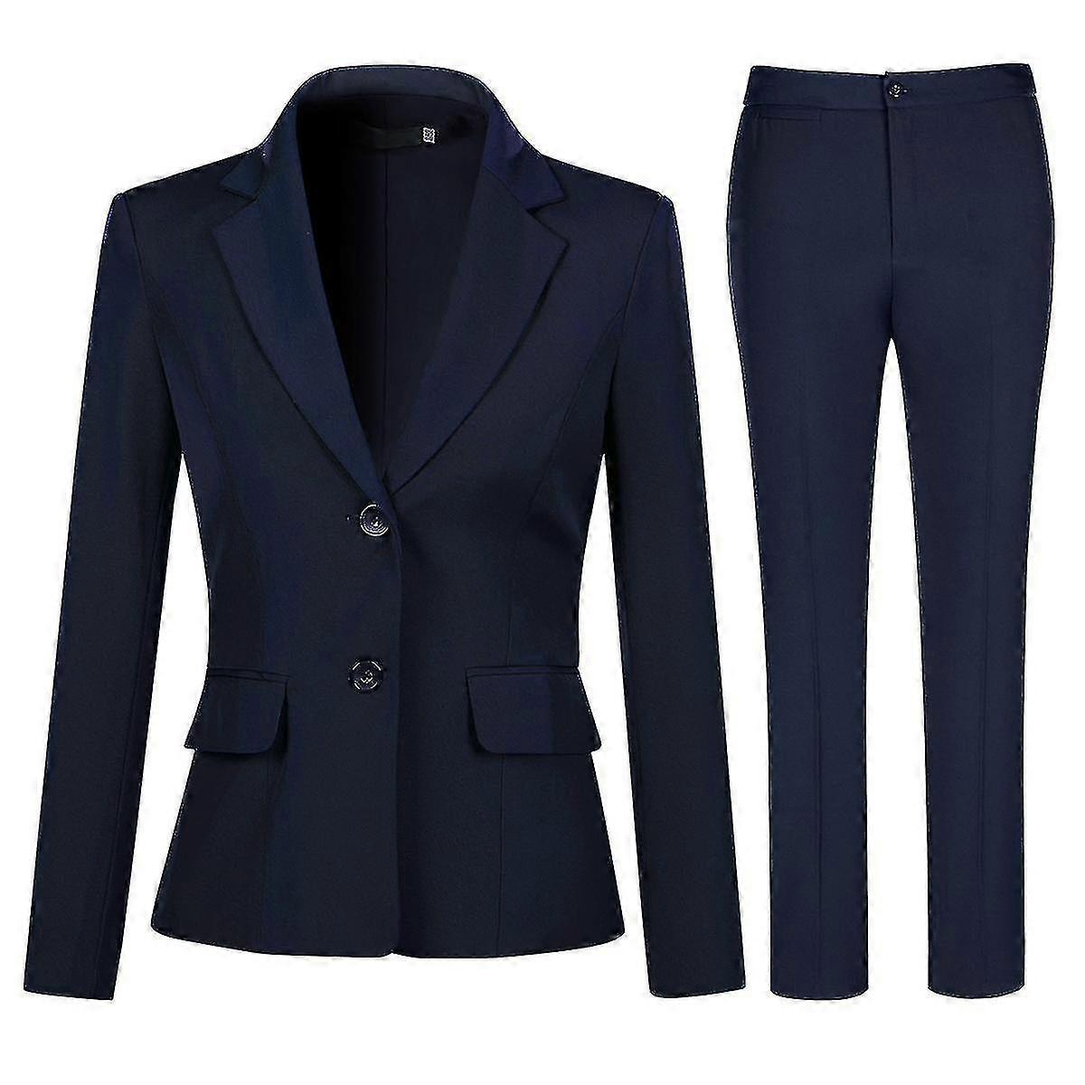Female Professional Formal Solid Color Suit Two Button Notched Lapel Suit (blazer And Pants)dark Blue