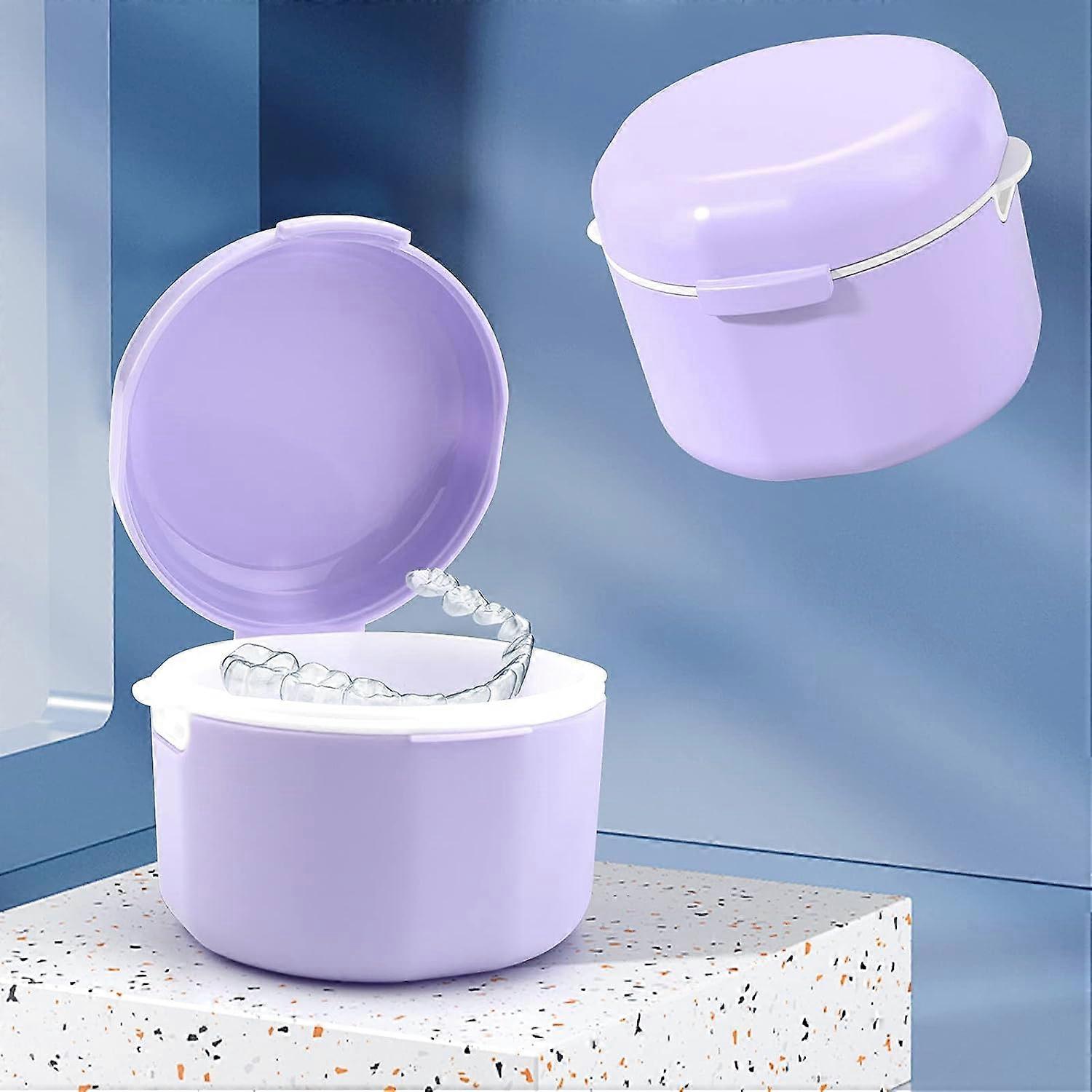 Portable Bath Box Double Layer Denture Box Denture Storage Container with Portable Filter False Teeth Cleaning Box (Purple)