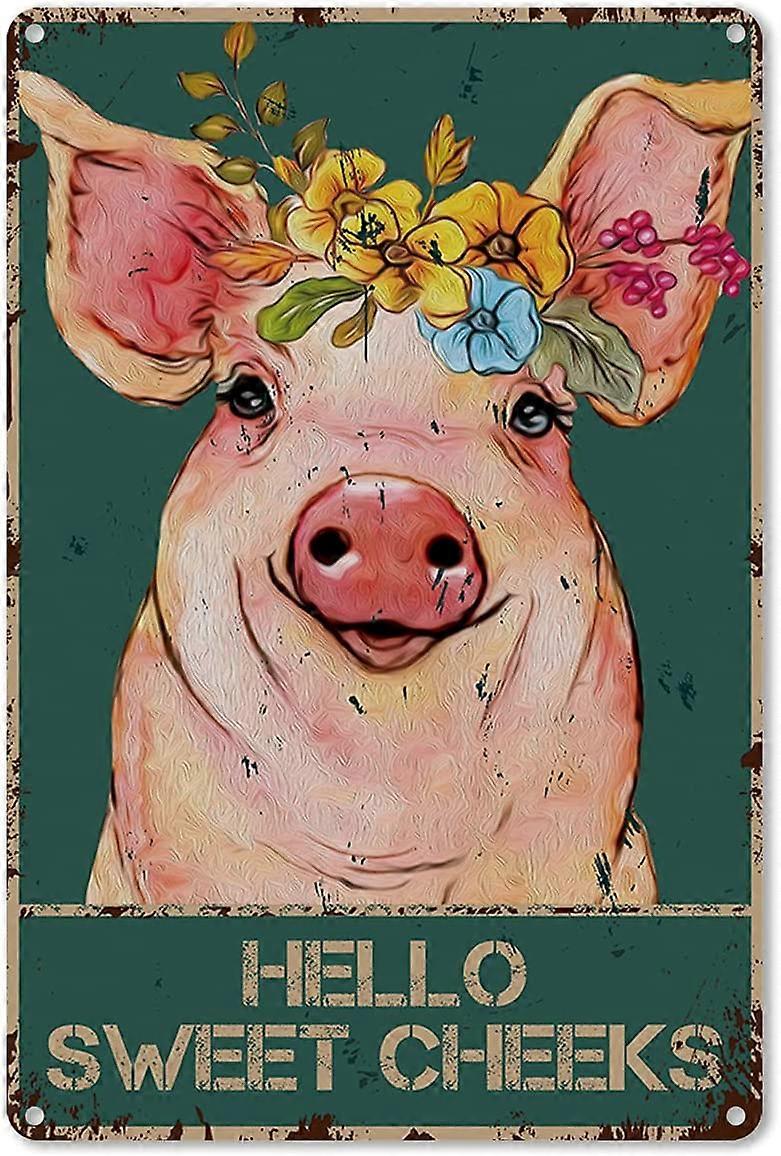 BEASTZHENG Targa In Metallo Vintage Con Scritta 'Hello Sweet Cheeks' Maiale E Fiore, Decorazione Da Parete Per Bagno, 20x30 Cm