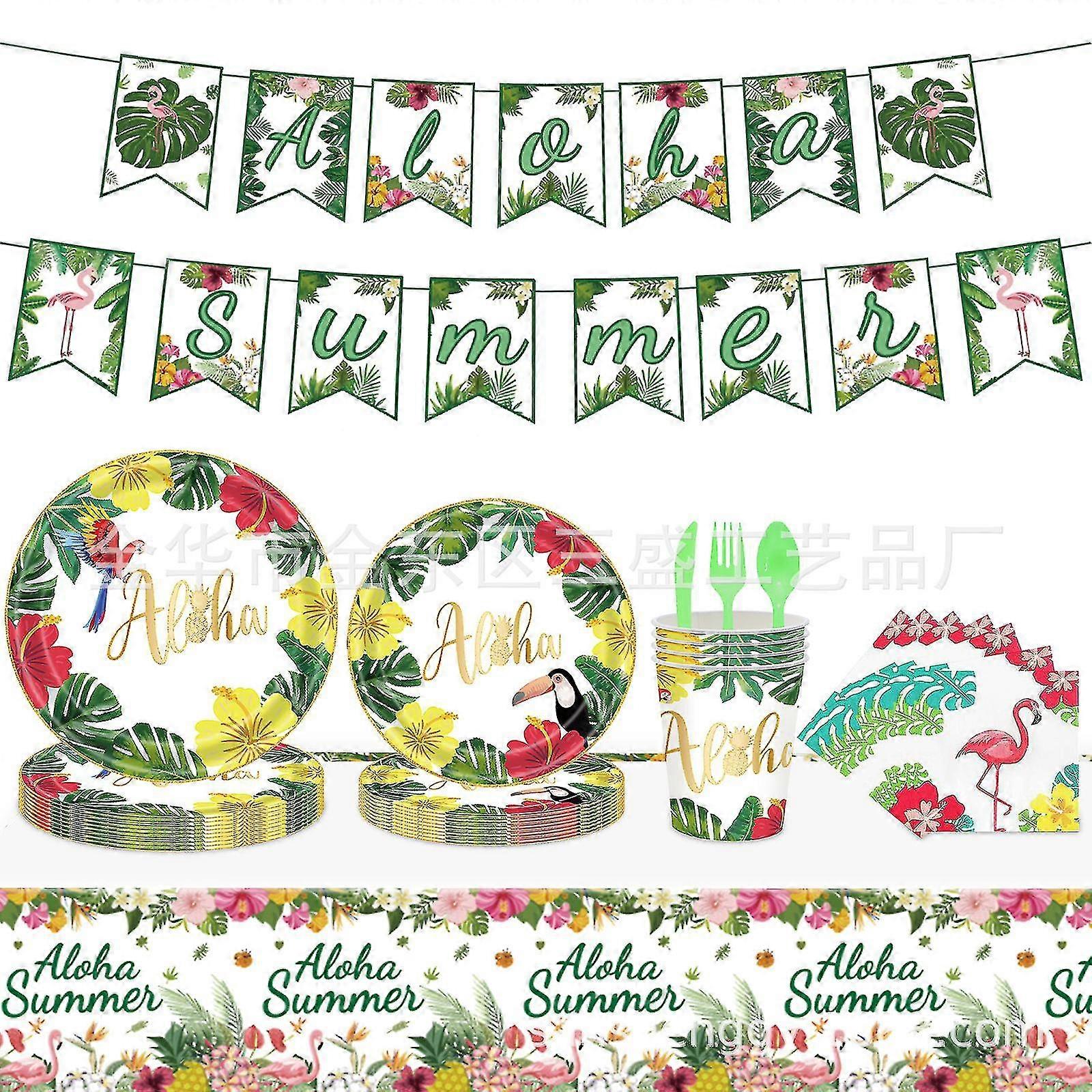 Hawaiian Summer Palm Leaf Paper Plate Tablecloth Banner Napkin Party Set Decoration