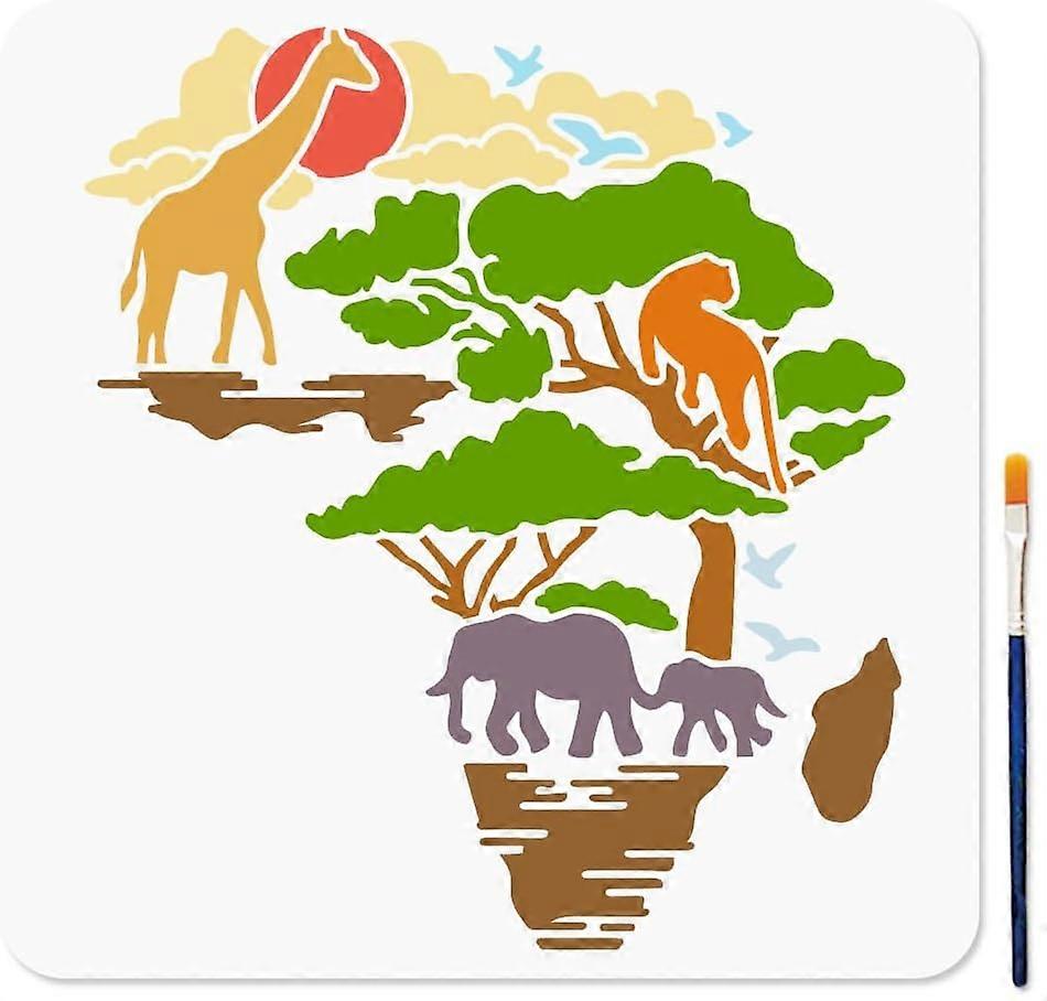 Animal Scenery Stencil 11.8x11.8inch Large Africa Map Pattern Template with Paint Brush Reusable Giraffe Elephant Tree Stencil for Painting on Wood Wa