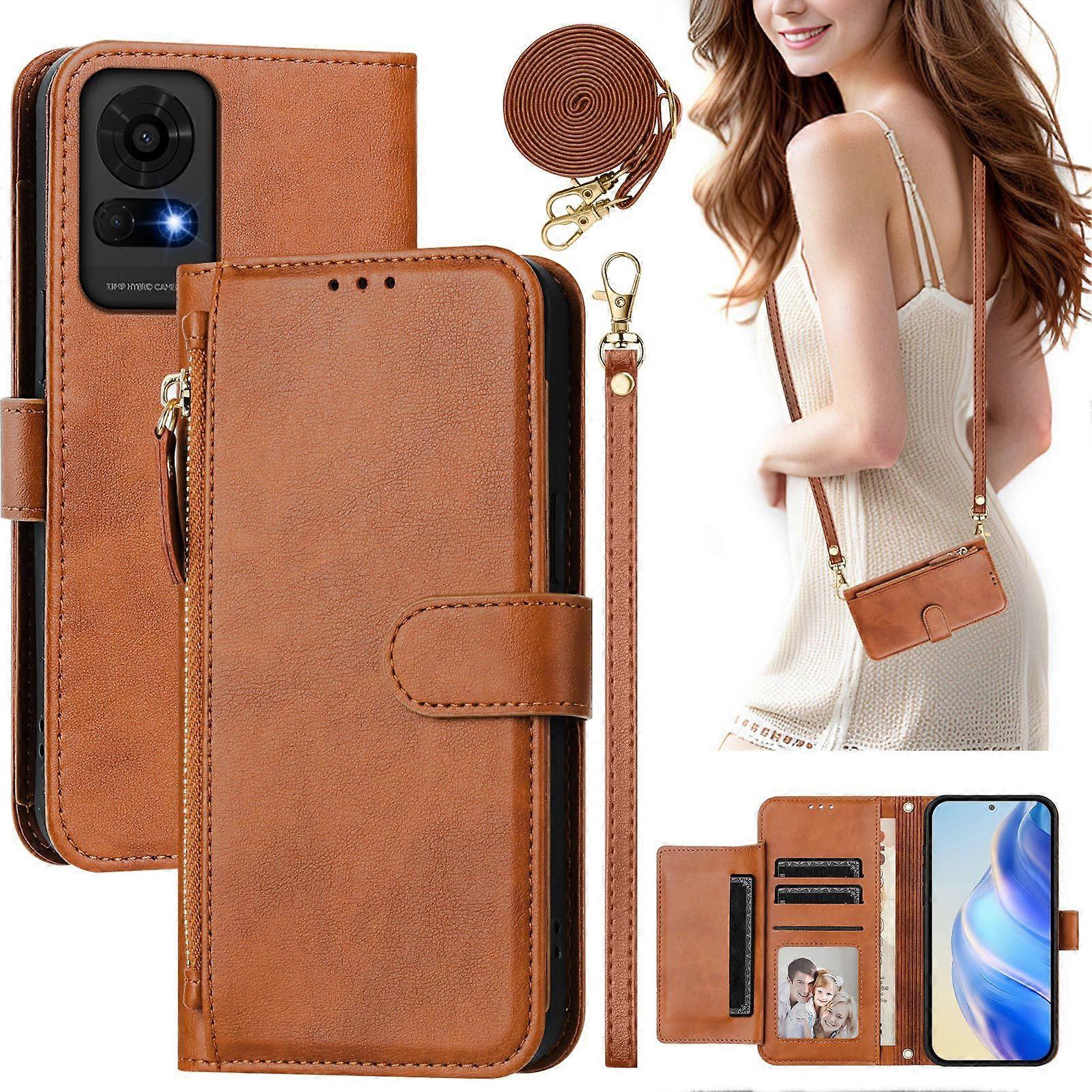 Flip Case for TCL 50 LE Protection Soft PU Leather Zipper Wallet Cover with Card Holder and Long Strap