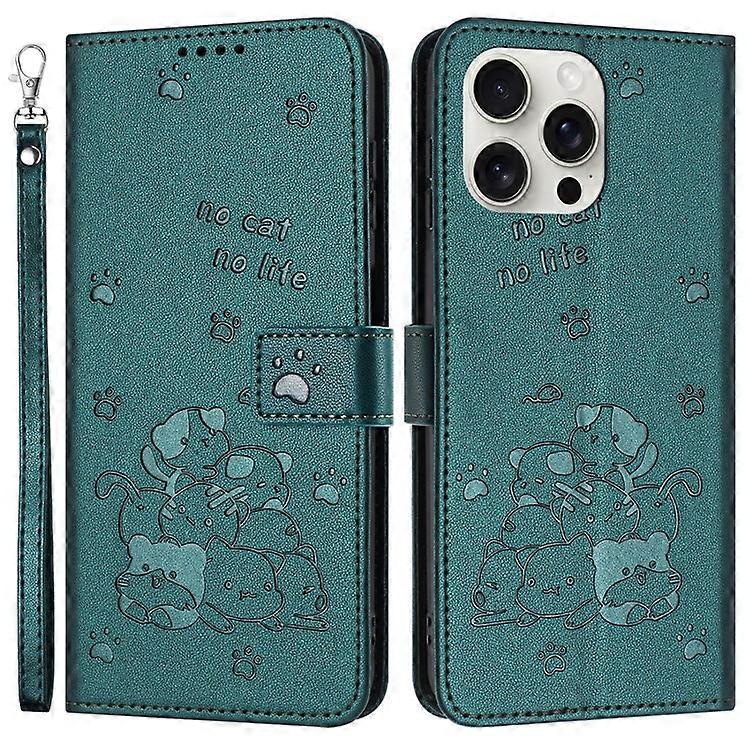 YX-2402 Compatible For iPhone 16 Pro Max Case with Strap Cats Imprint Leather Wallet Phone Cover