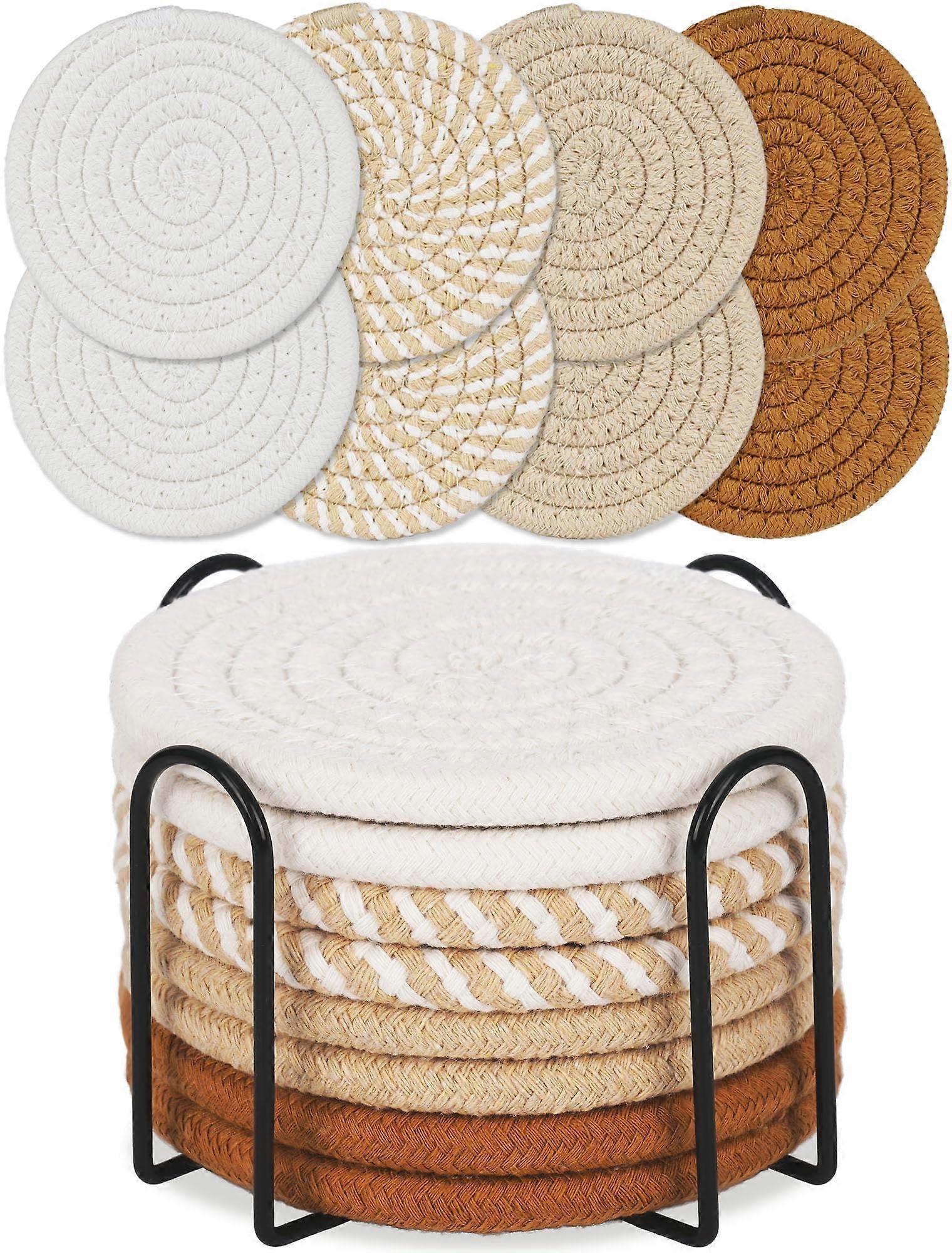 8 Pcs Absorbent Cotton Woven Drink Coasters Set with Holder, 4.3 Inch Boho Minimalist Coasters for Coffee Table and Bar