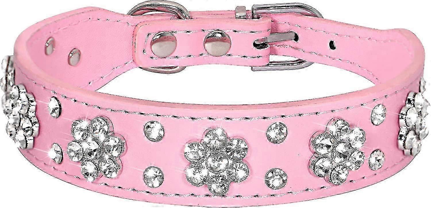 Mignon collier pour chien en cuir pu - motif de fleur en strass clouté - 1 pouce de largeur ajuster les petits et moyens chiens rose m: 12-15 »