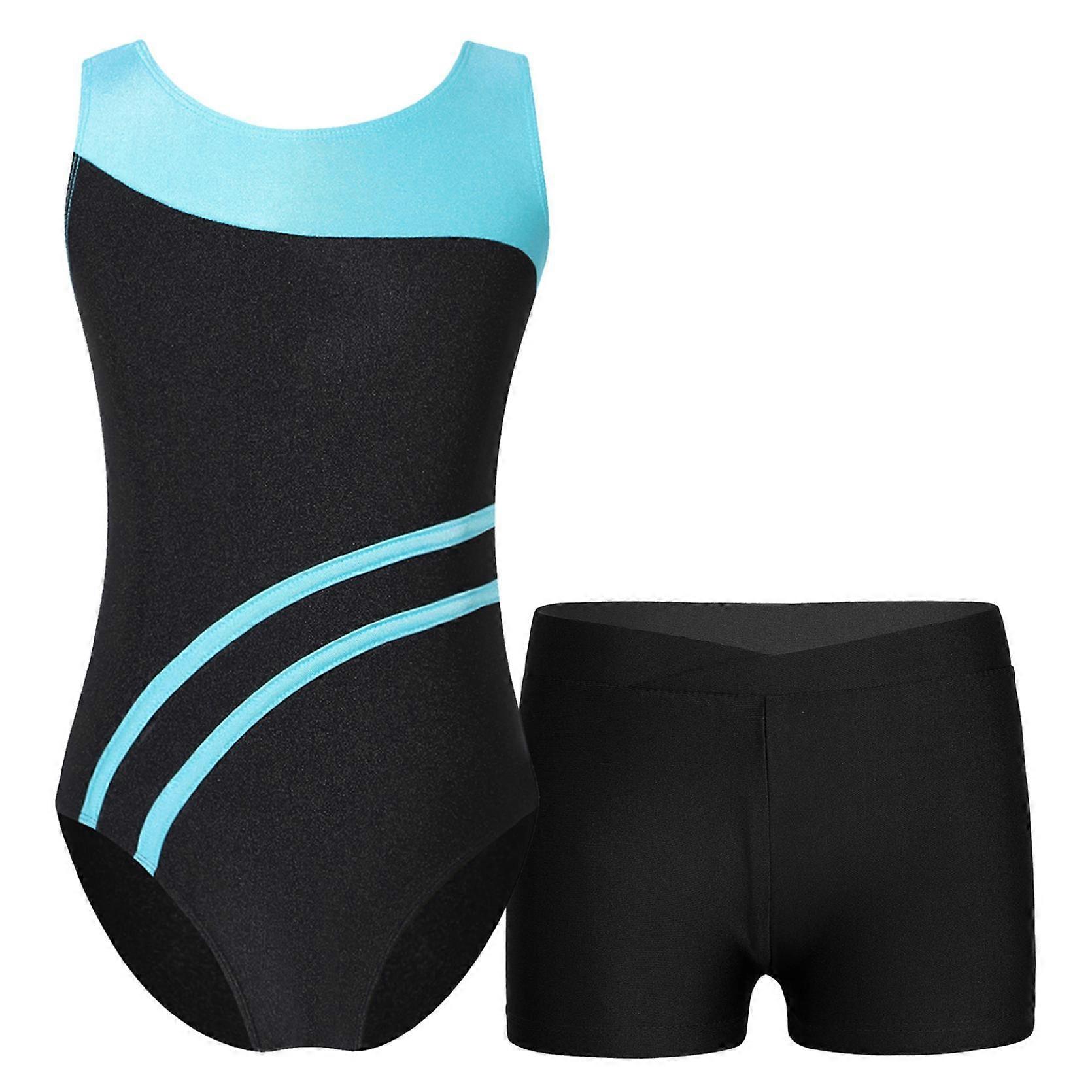 Kids Girls Sleeveless Cutout Back Contrast Color Leotard with V-front Waistband Shorts for Sports Gymnastics Workout
