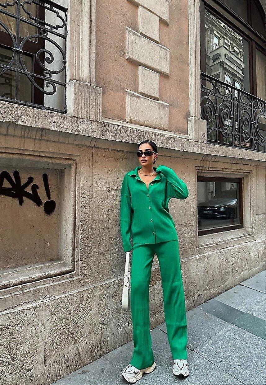 Womens 2 Pcs Knitted Buttoned Top /trousers Set Style 9432