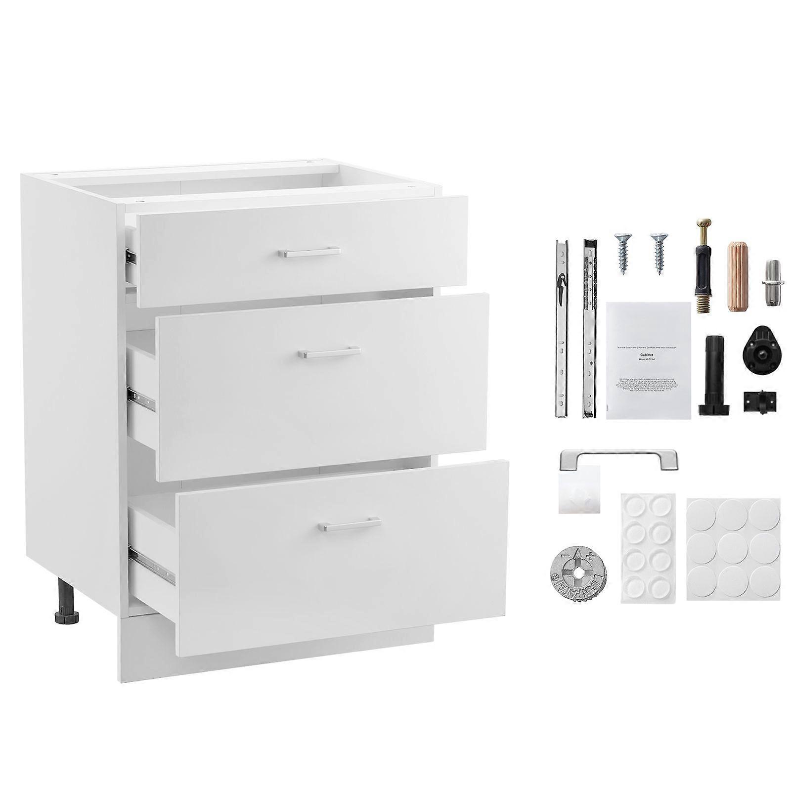White Shaker Base Cabinet, 24" W x 19" D x 32" H, 3 Drawers, Unassembled with Soft-Close Drawer Slides, Ready to Assemble