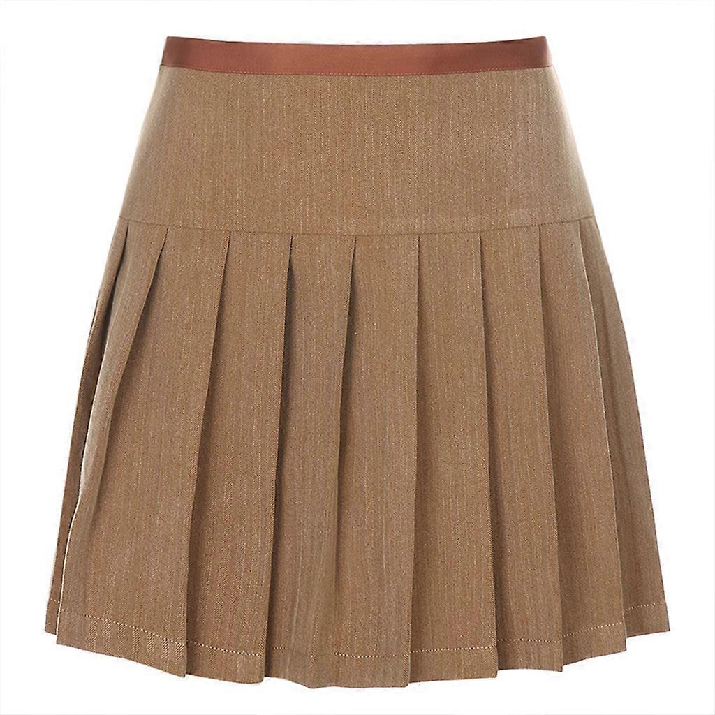 女性サマーハイウエストAラインプリーツミニスケータースカート原宿クリスクロスレースアップ包帯ヴィンテージ無地カーキスクールストリートウェアS