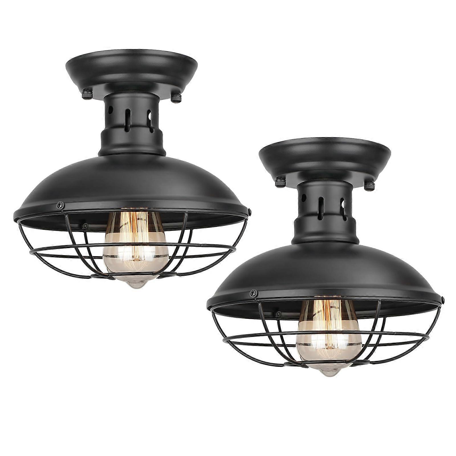 2 Pack Farmhouse Flush Mount Ceiling Light Fixture, Rustic Black Metal Cage, E26 Base for Hallway, Foyer, Kitchen, Porch