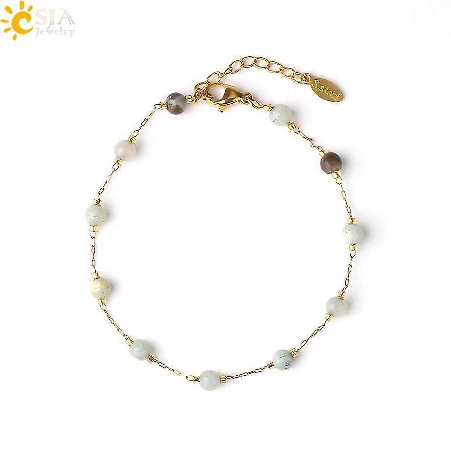 Csja Natural Stone Crystal Beaded Bracelet Gold Color Stainless Steel Bracelet For Women Thin Link Chain Luxe Femme Jewelry G908