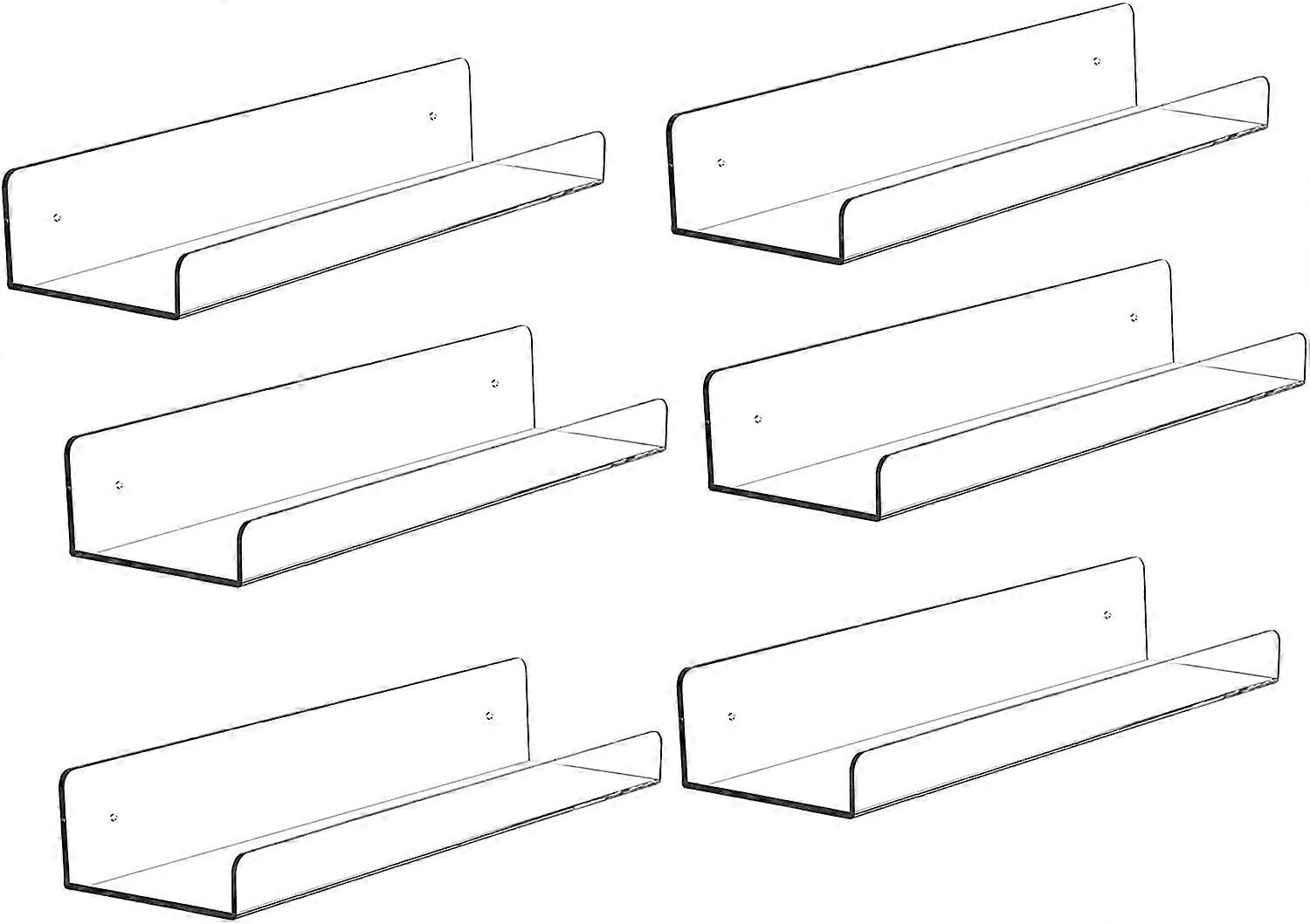 15 Inch Clear Acrylic Floating Wall Ledge Shelf Display, 6 Pack, Wall Mounted Nursery Bookshelf, 5 Mm Thick