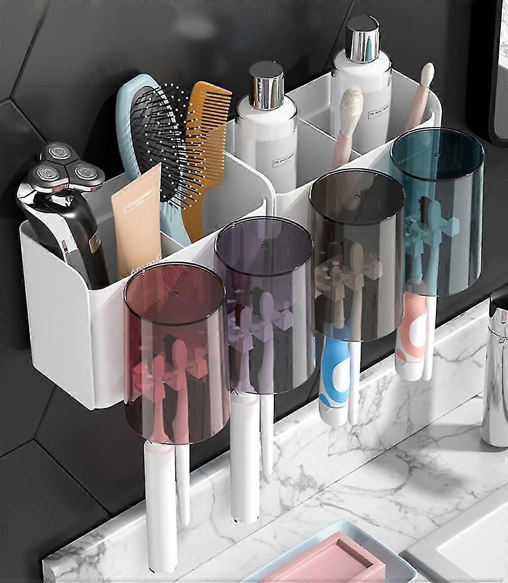 Multifunction Bathroom Storage Rack with 4 Cups+8 Slots Toothbrush Heads Shelf31.6*11*15.3CM