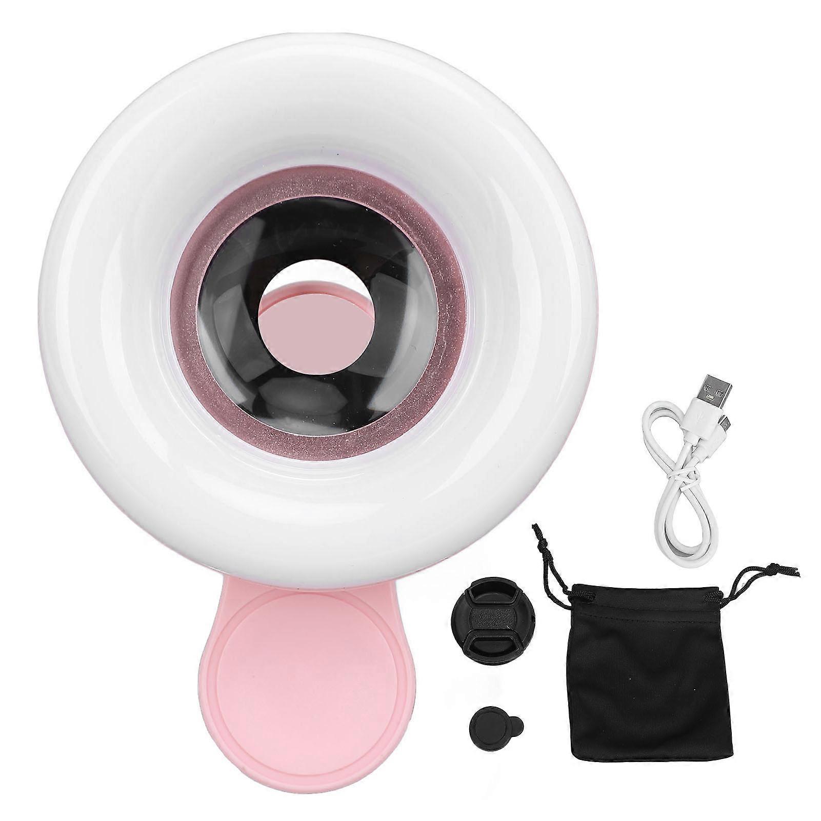 15X Macro Lens for Mobile Phone 2 in 1 HD Camera Lens with LED Ring Flash Light Smartphone Selfie Fill Light Pink