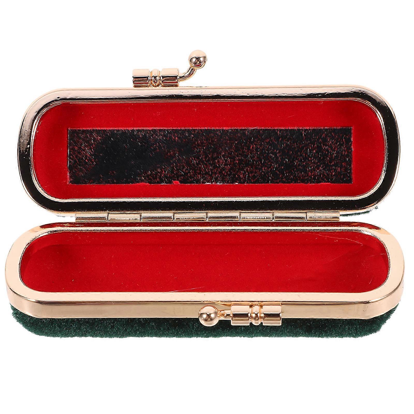 Lipstick Storage Case Retro Lip Balm Organizer Bag Green Rectangular Shape For Travel With Mirror 1Pack