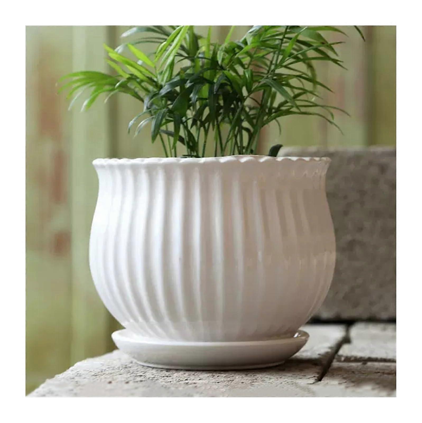 Flower Pots Ceramic Pure White Simple with Tray Medium Planters for Indoor Use