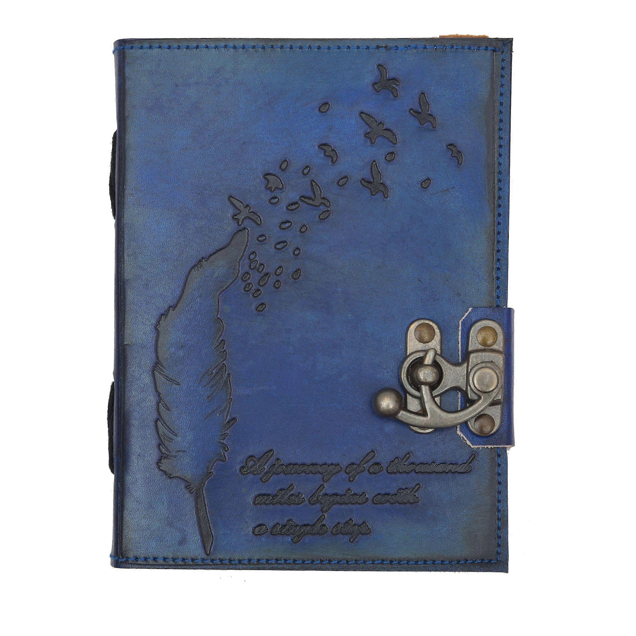 fjäder embose anteckningsbok i läder A5 Dagbok utan linjer 200 sidor (mörkblå)