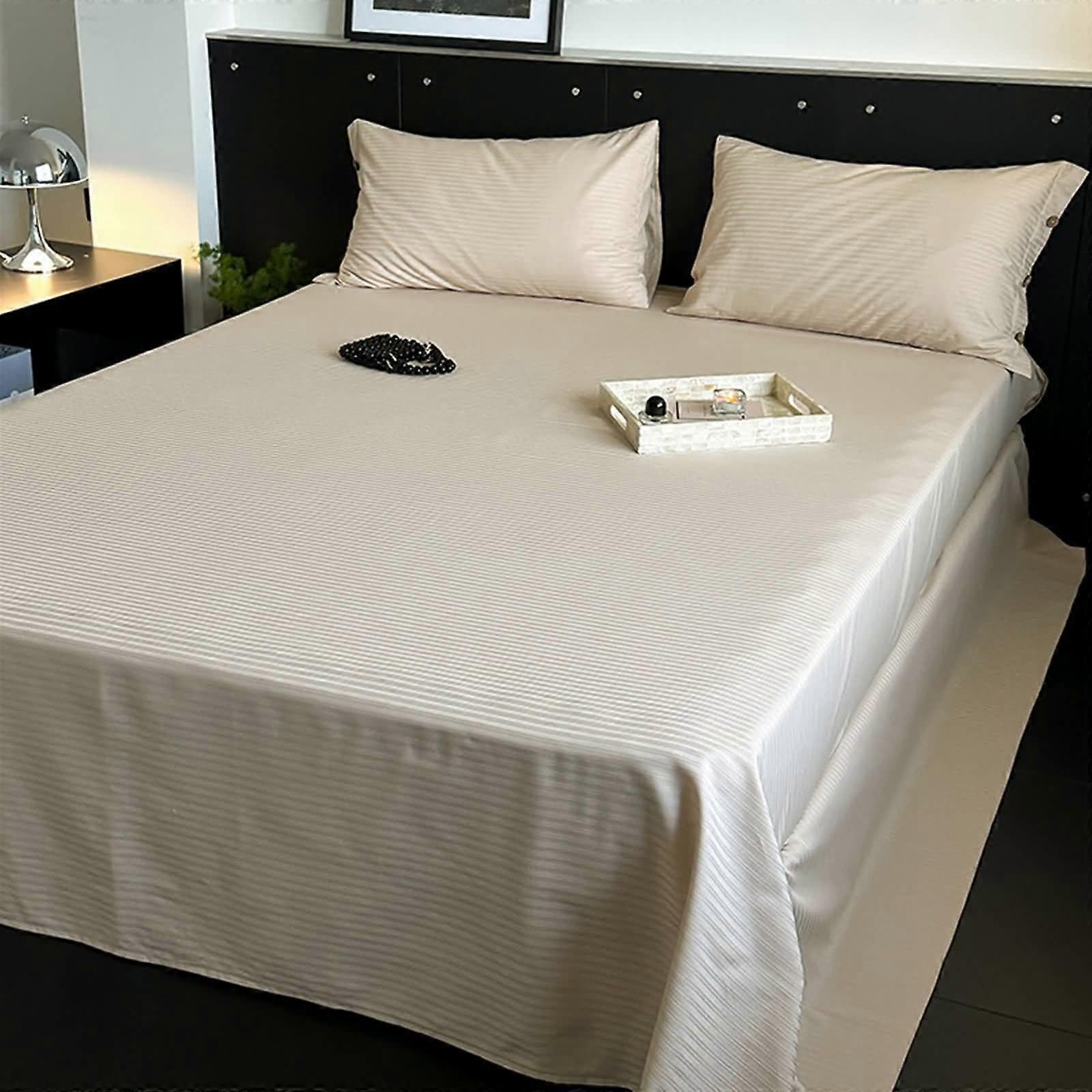 Double Bed Linen Set with 2 Pillowcases, 230x250 cm, High Mattress Flat Sheet, Cotton Striped Pattern in Light Khaki