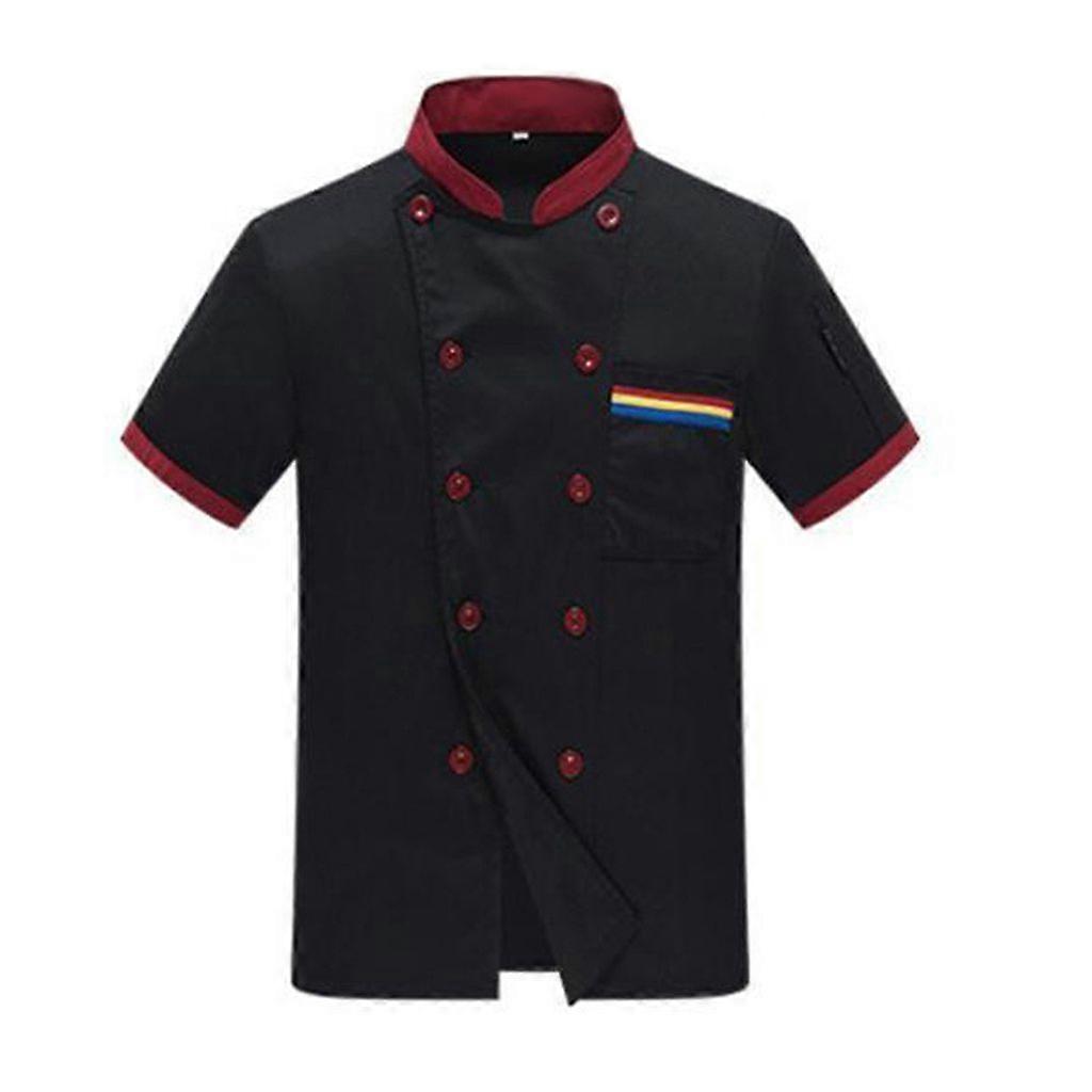 Unisex Short Sleeve Stand Collar Chef Coat Jacket Kitchen Cook Workplace - Black Size: L