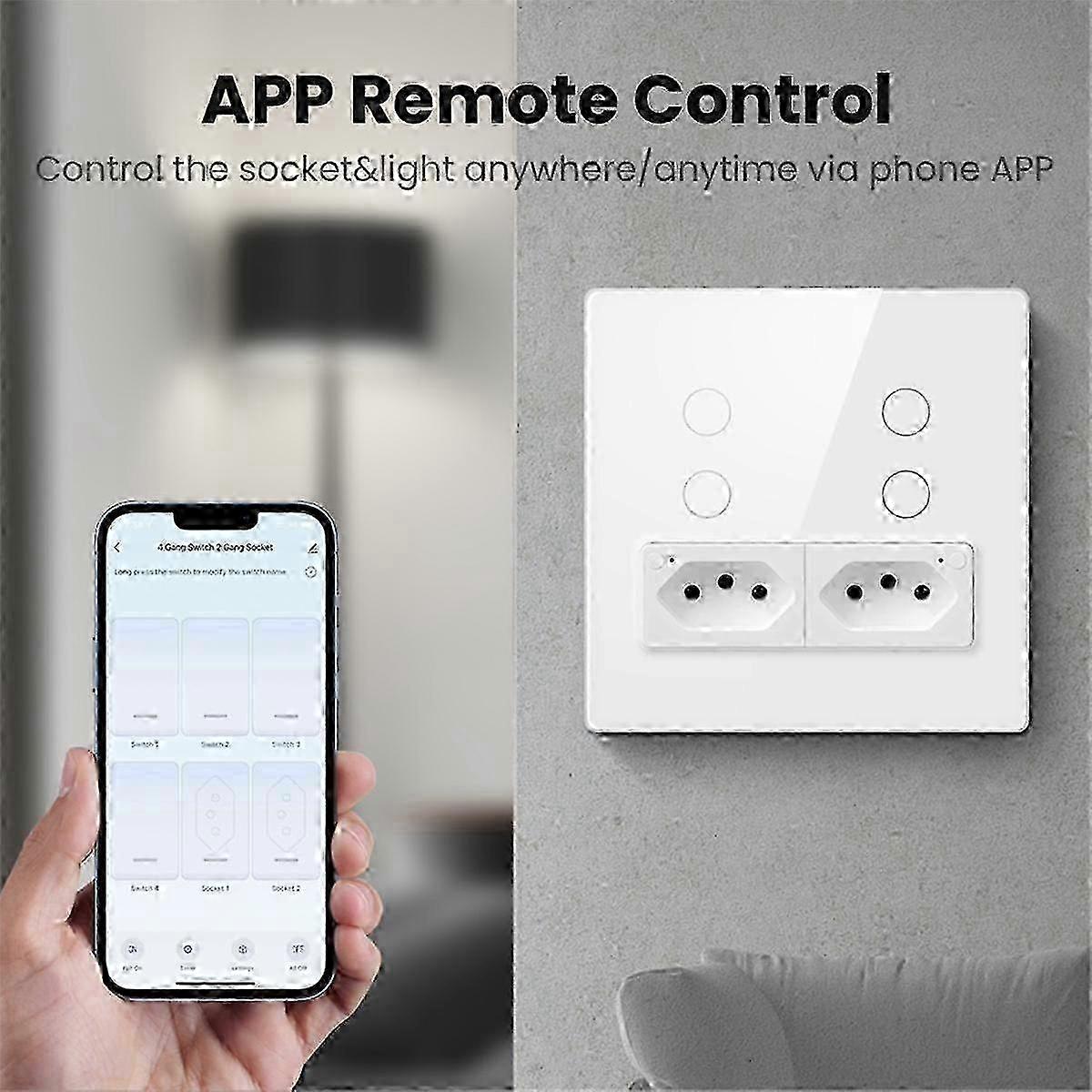 Tuya WiFi Smart Brazil Wall Switch and Socket,Standard Panel 4 Buttons Switch for Alexa Home White JP