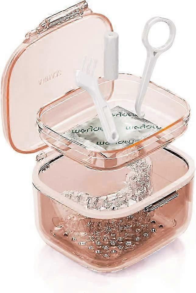 Retainer & Denture Cleaning Case  Storage Box with Basket & Brush for Braces