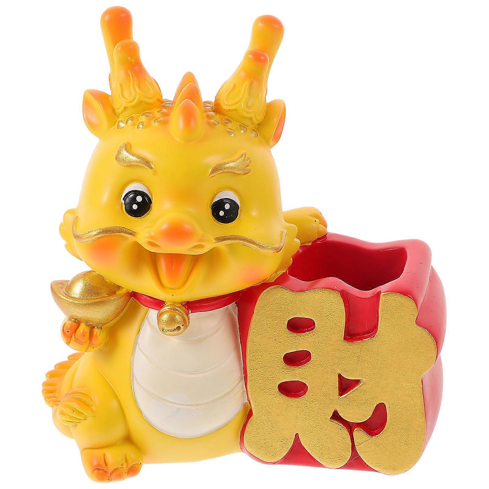 Golden Resin Dragon Statue Pen Holder for Desk Storage with Large Capacity and Stable Base 6.5x4.5 Inches
