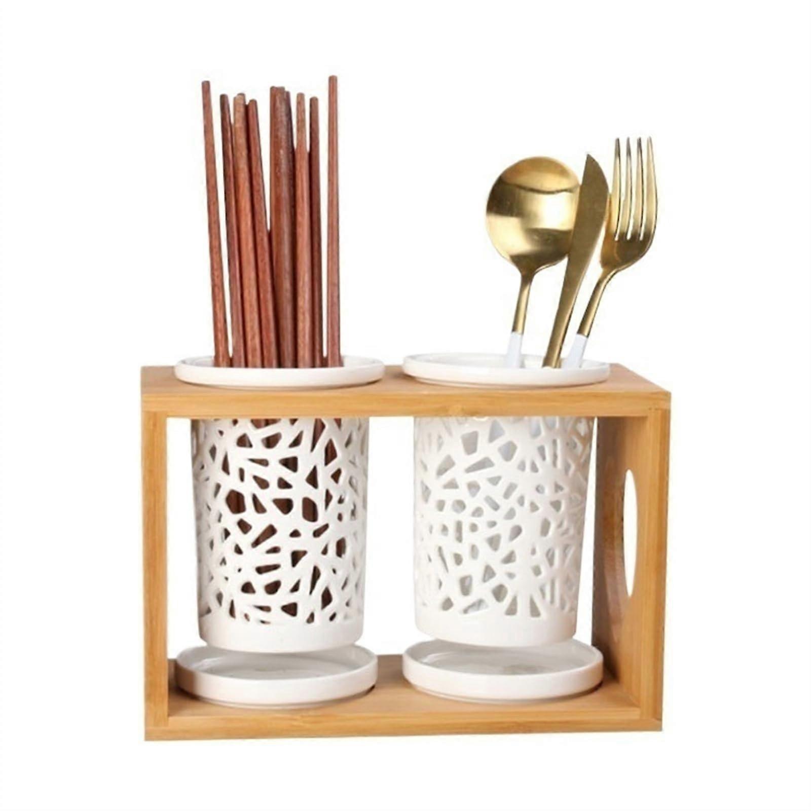 Kitchen Knife Holder 2Pieces Ceramic Flatware Caddy with Bamboo Wood Rack Ref: 2215