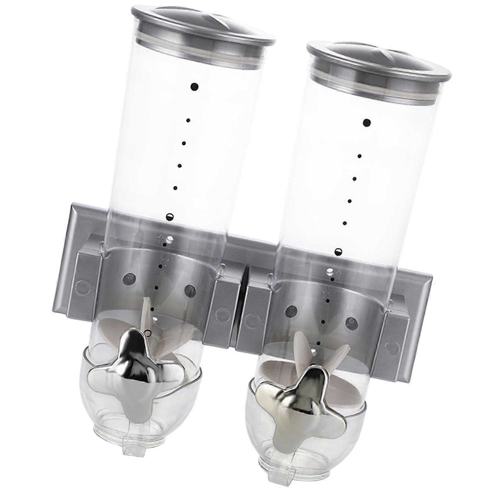 Double Cereal Dispenser Wall Mount Canister With Cup Kitchen Organizer Silver