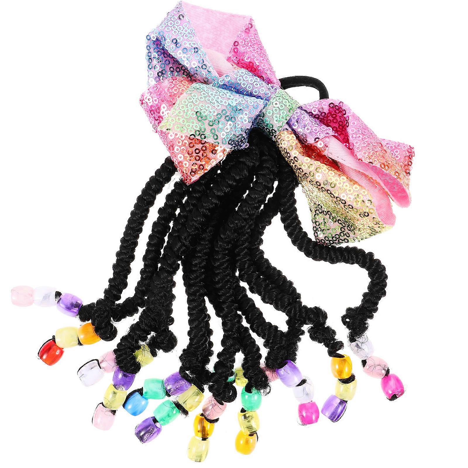 Bow Braid Wig Braided Ponytail for Kids with Beaded Hair Accessory 2Pcs