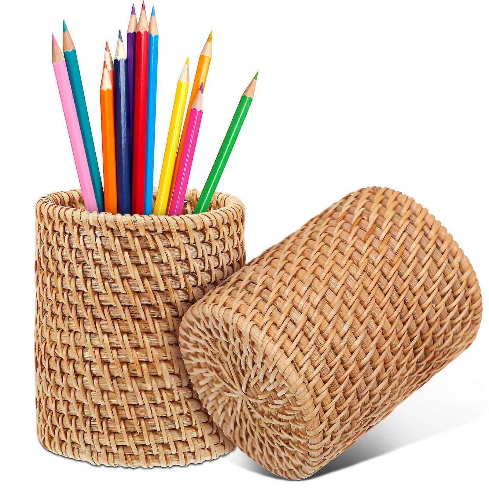 Rattan Pencil Cups Multi-Functional Organizer Office Workers Storage 2Set