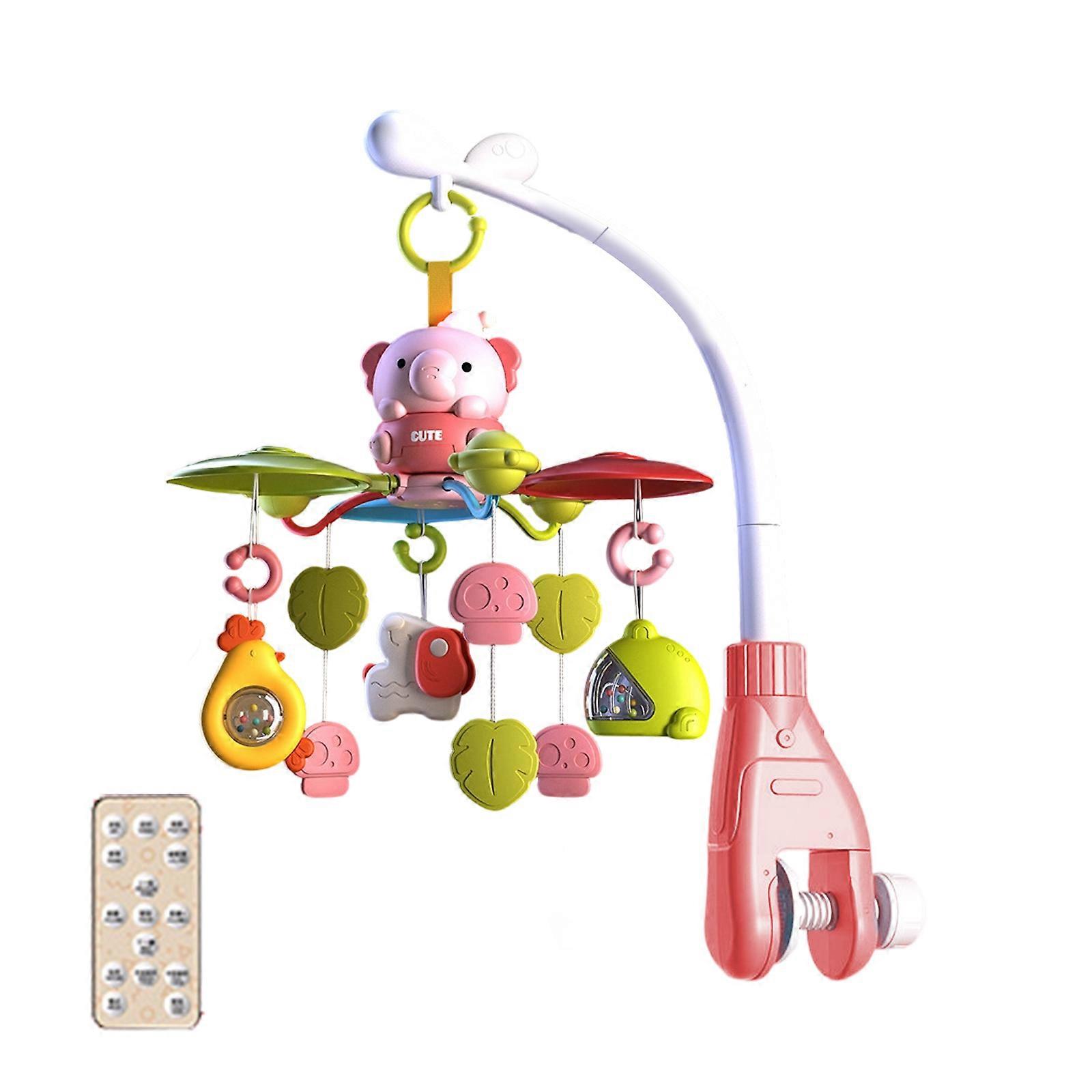 Baby Nursery Crib Mobile Toy Rotating Rattle Cartoon Elephant Music Box with Calming Music And Teething Texture Teether  Pink