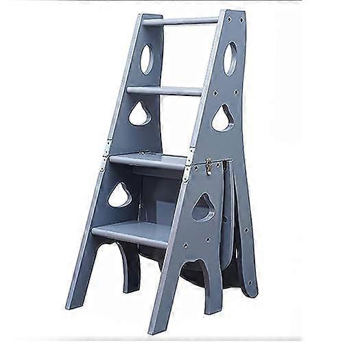 3 in 1 Wooden Folding Library Ladder Chair With Storage Shelf Step Stool Foldable Ladder Star Gray 331 Lbs Capacity