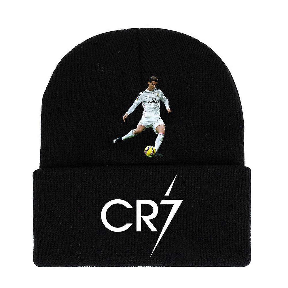 Soccer Cr7 Ronaldo Printed Knitted Black Hat, Autumn And Winter Casual Unisex Everyday Warm Hat-Black~1