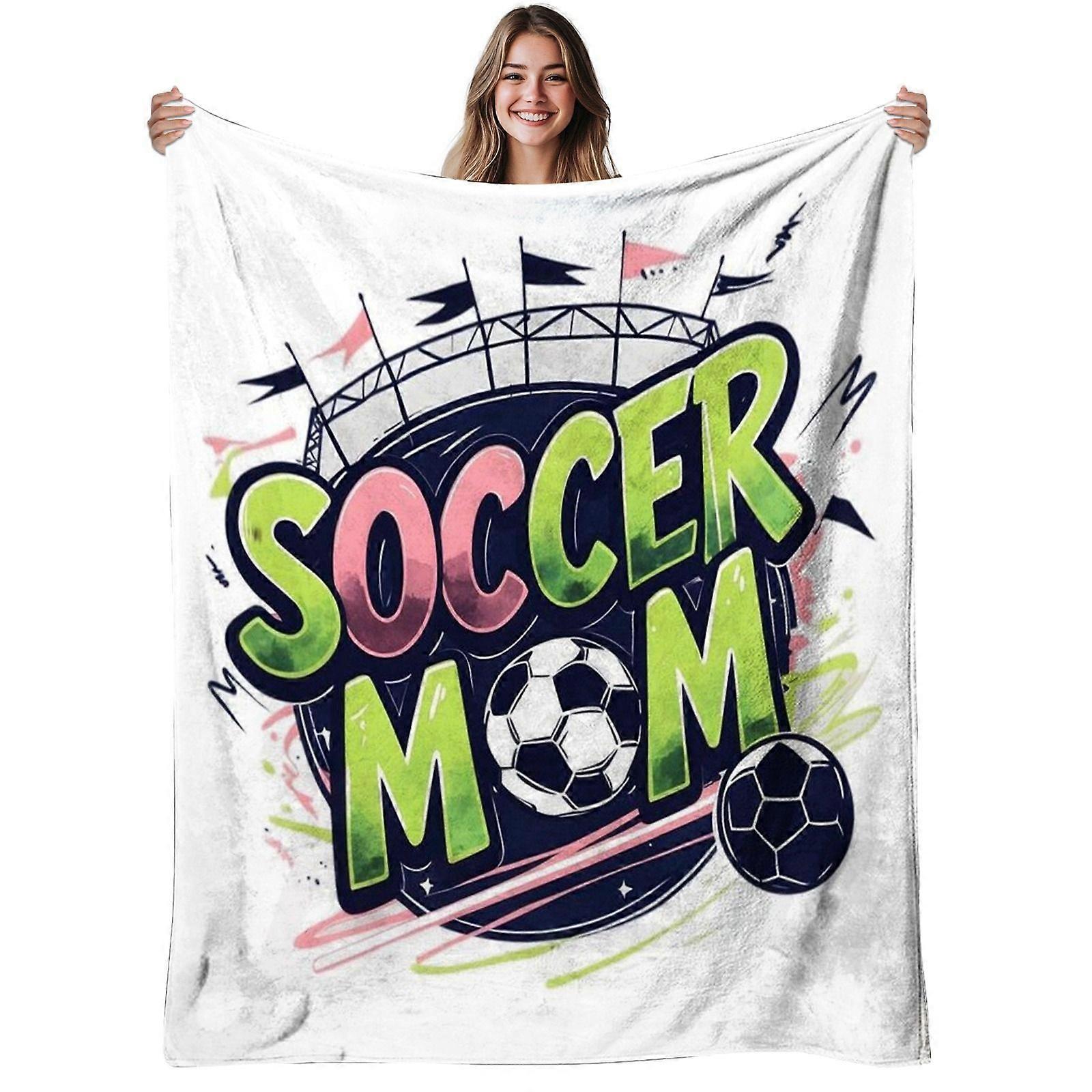 1pc Soccer Mom Flannel Blanket | Soft, Warm, Stadium Style Print, Polyester, 280gsm, All-Season Use, Ideal for Living Ro-qacvbg354