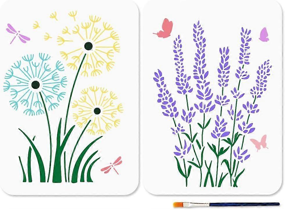 2 Pcs Dandelion Stencil Lavender Art Stencils 11.78.3inch Reusable Butterfly Craft Stencil with Paint Brush Dragonfly Plants Template for Craft on Win