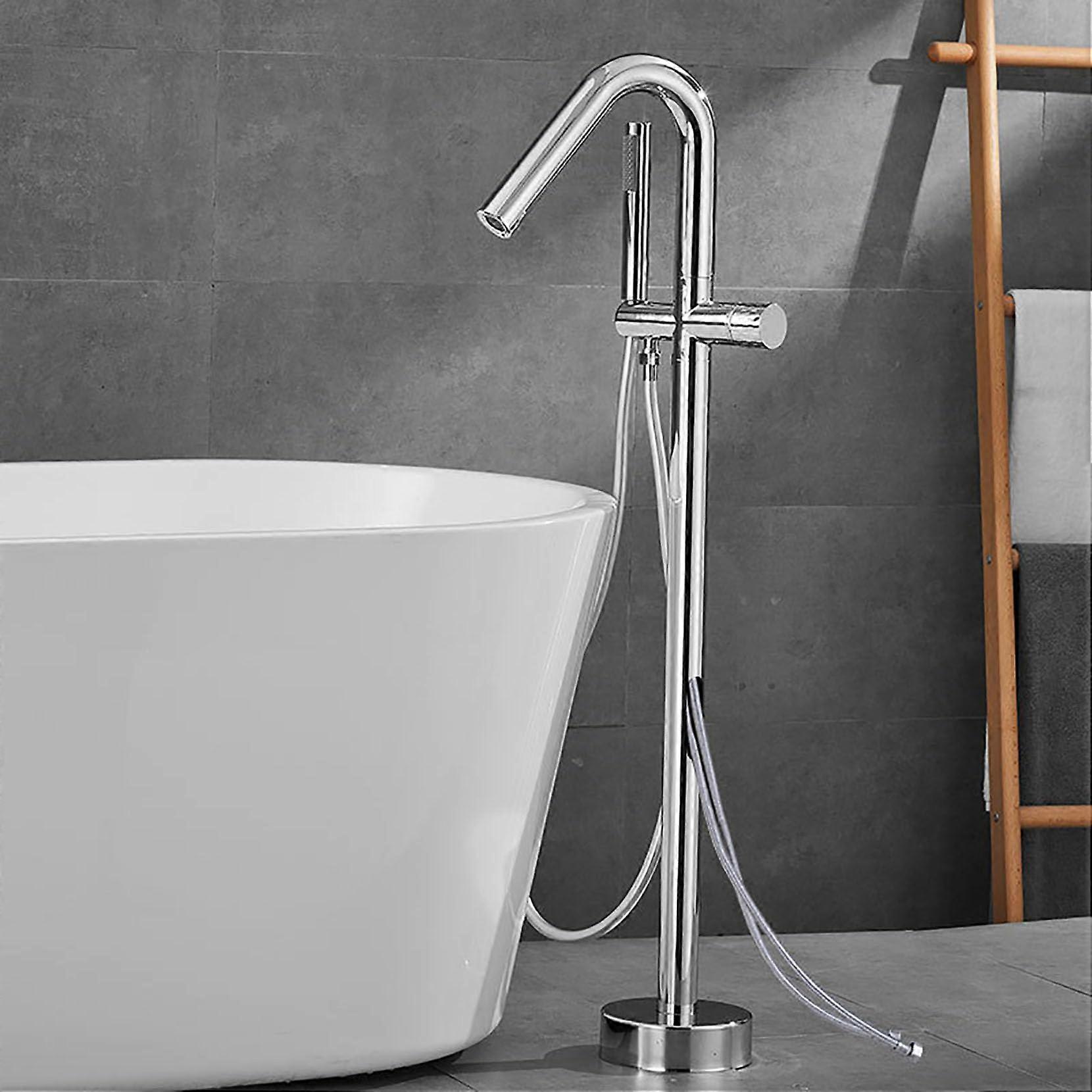 Freestanding Copper Bathtub Faucet with Hand Shower, Hot Cold Mixer, Large Flow Curved Spout, Silver